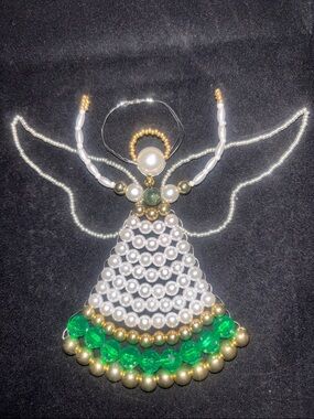 Handcrafted Pearl & Green Beaded Angel Holiday Ornament